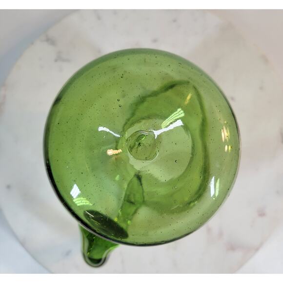 VTG Slung Glass Pitcher 7.25" Green Hand Blown Bubbles Wide Ribbon Mouth Handle - Picture 14 of 16